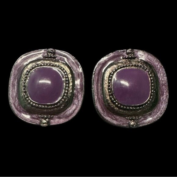 Vintage-Style Purple Enamel & Silver-Tone Clip-On Earrings With Textured Detaili - Picture 1 of 4